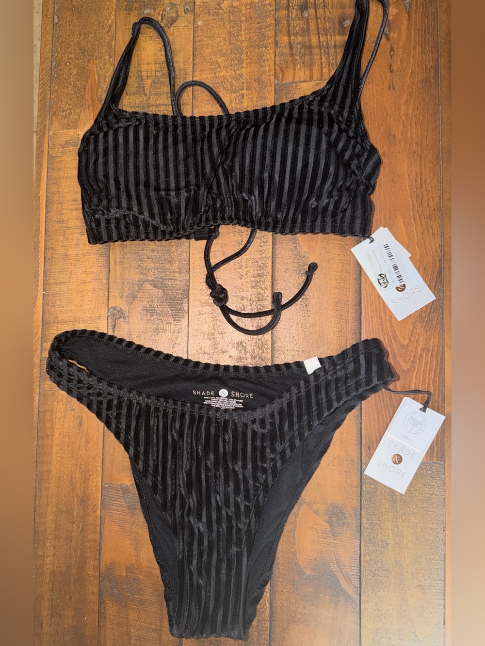 Shade & Shore Black Velvet-Striped Bikini Top and Bottom Set
